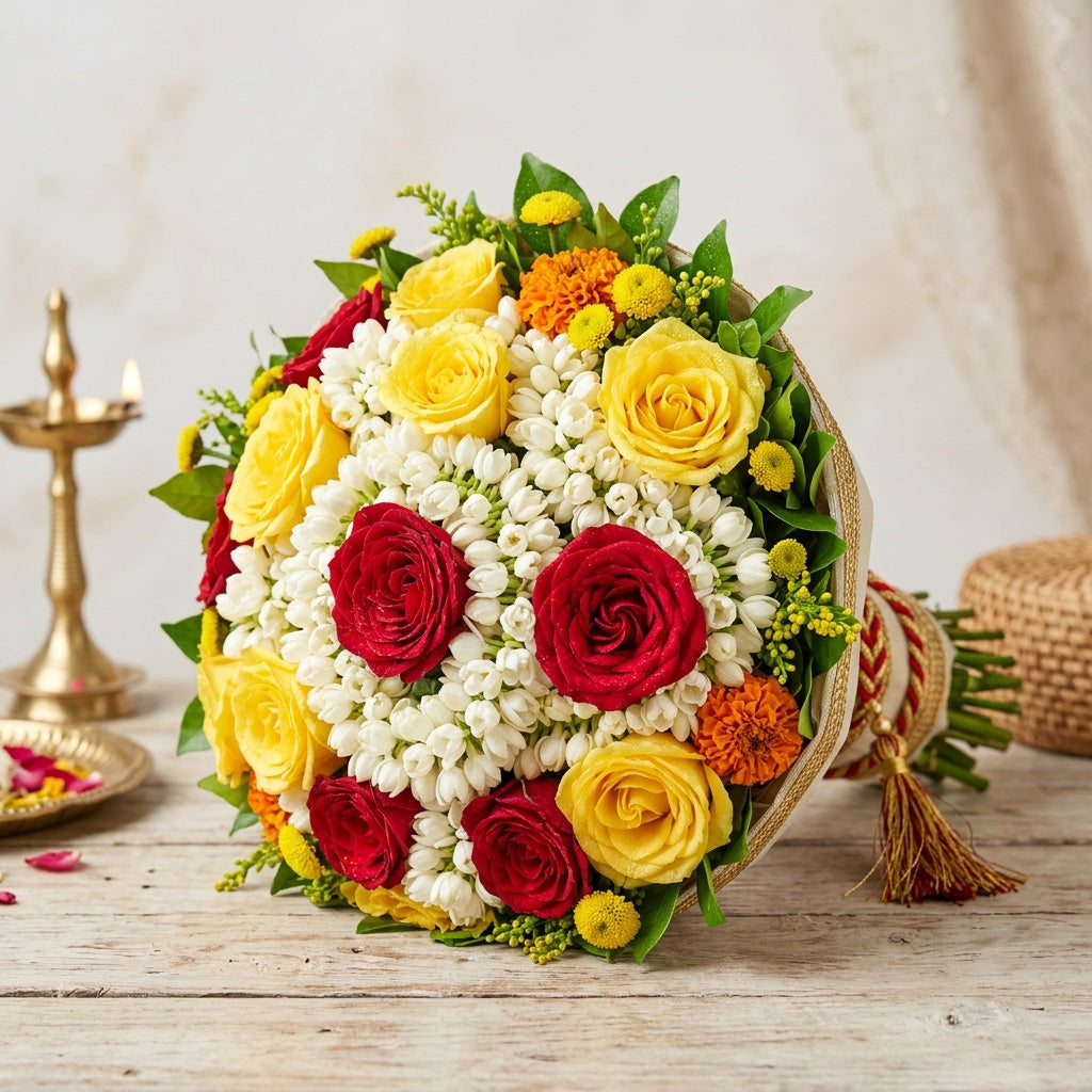 Lilly Sampangi Bouquet with Yellow and Red Rose